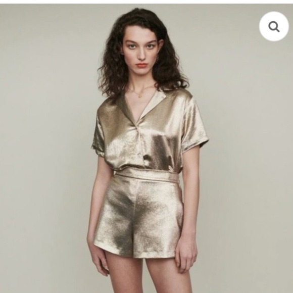 Maje Metallic Gold Silk Blend High Waisted Shorts Size 40 US Medium